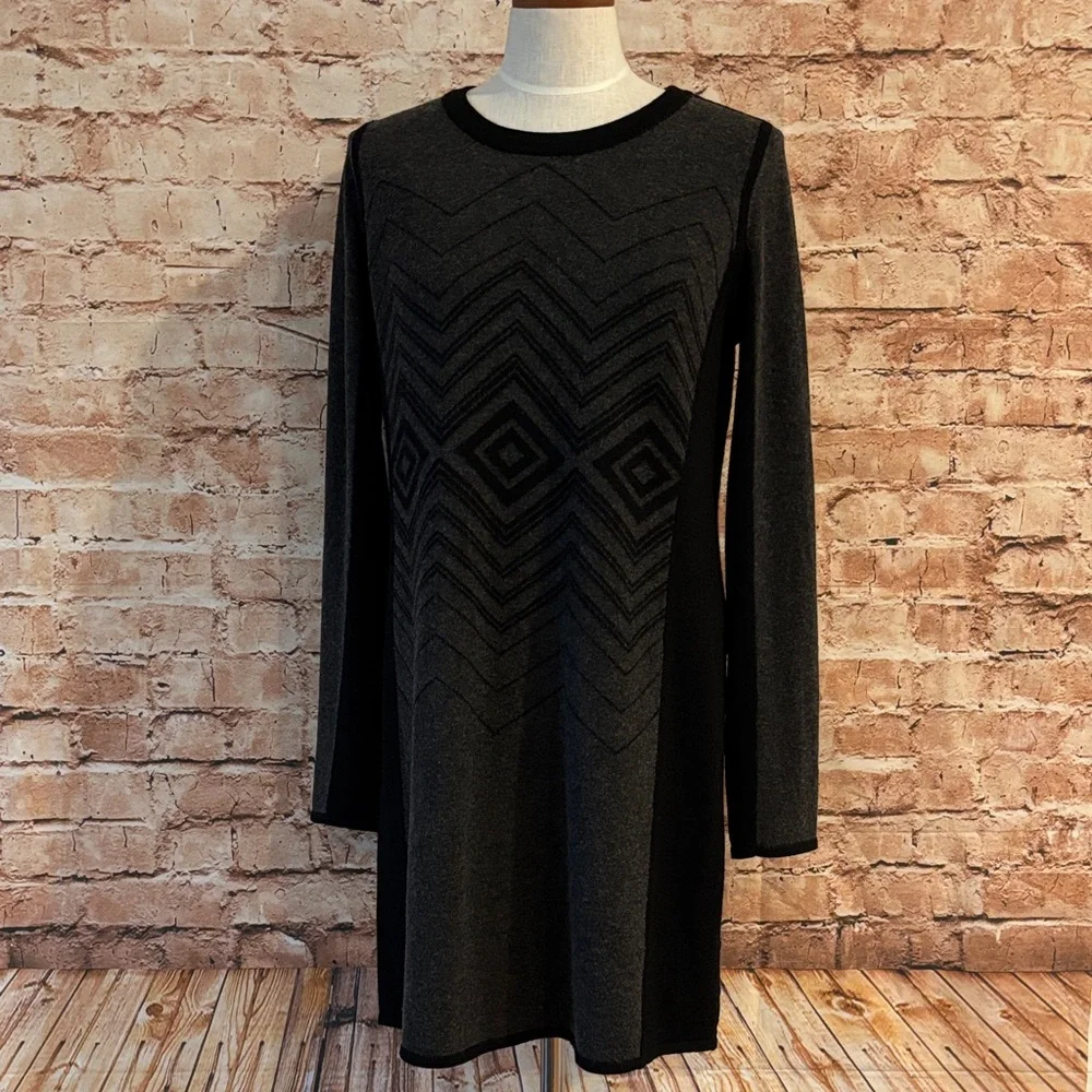 Prana “Delia” Black and Gray Sweater Dress with Geometric Pattern - Picture 2 of 13